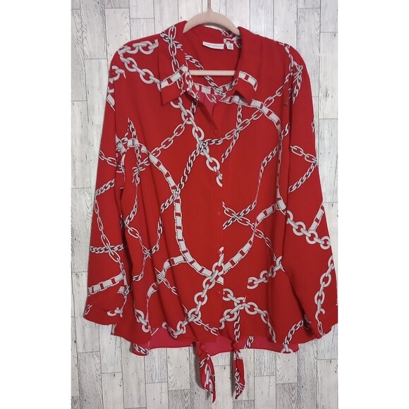 Susan Graver Blouse Red Chain Print Long Sleeve Tie Waist Women’s Size 24W - Picture 1 of 4